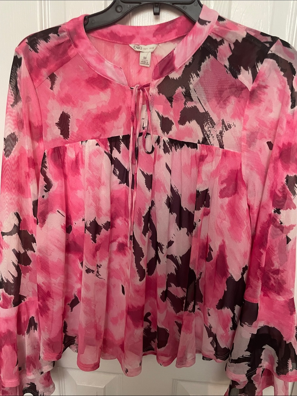 Cato Pink & Black Abstract Tie-Neck Tunic